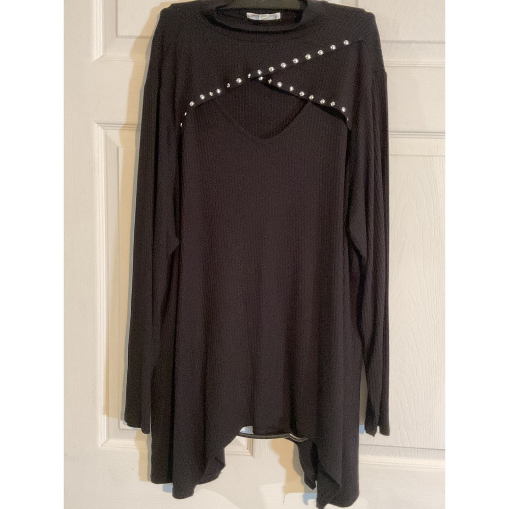 Rio & Rian Black Ribbed Studded Cutout Mock Neck Tunic Top 2X Long Sleeve‎